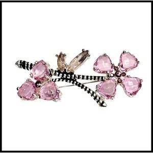 Floral Brooch Pin‎ Pink Rhinestone Flower Silver Tone Costume Jewelry